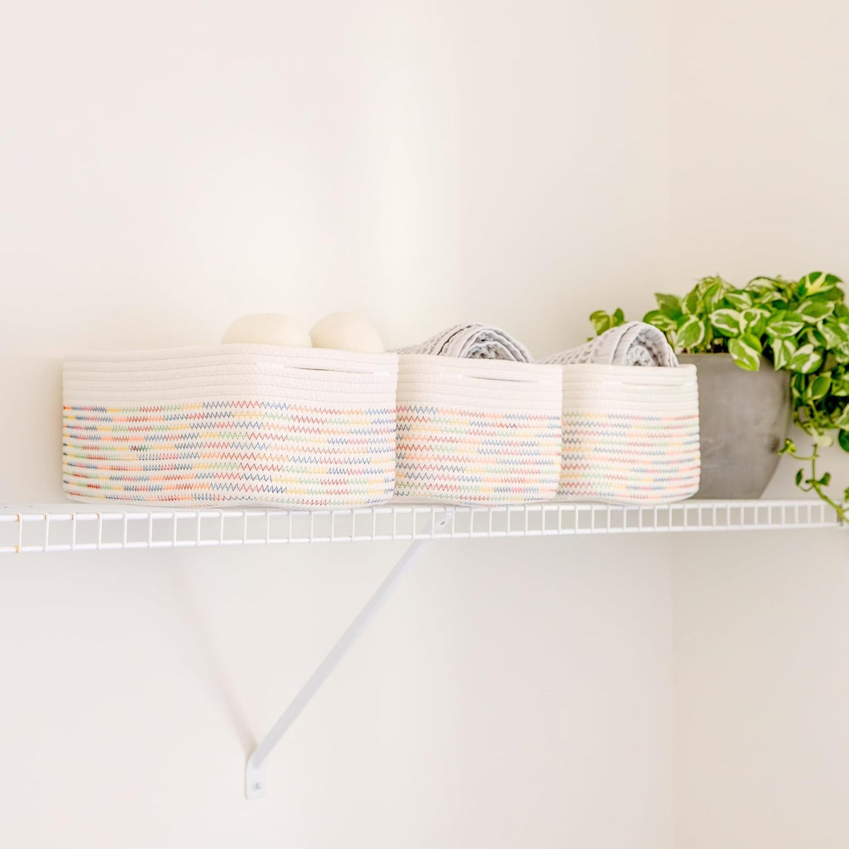 NaturalCozy 13.5”x8.5”x5.5” Rectangle Storage Baskets for Shelves 3 Pack | Cotton Rope Woven Small