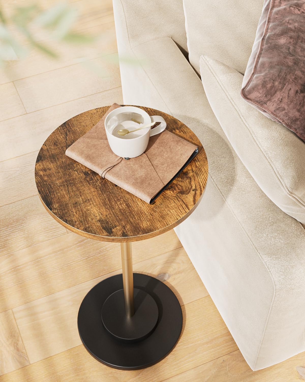 Masupu Drink Table, Round Side Table for Small Spaces, Pedestal Small End Table with Metal Base