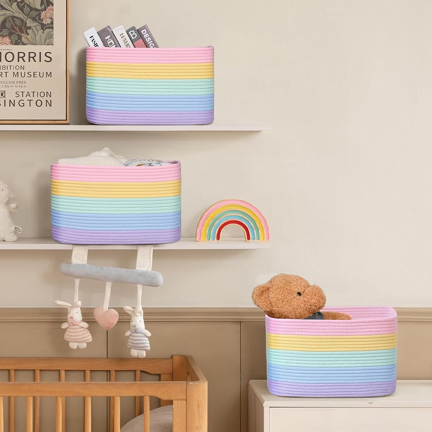 Shelf Baskets for Organizing, Woven Storage Basket for Shelves，Cotton Rope Storage Bins for Toys