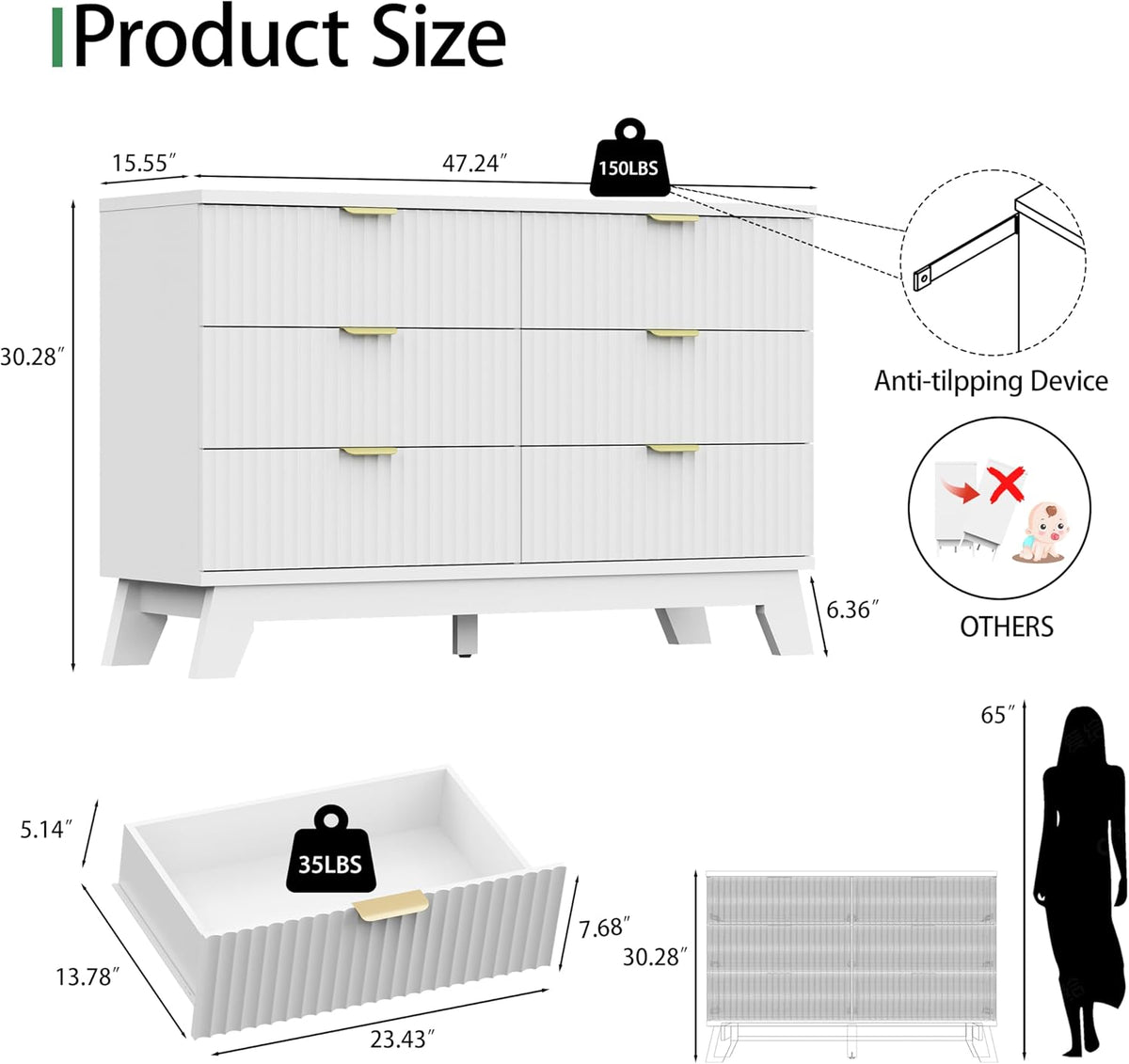 Fluted Dresser for Bedroom with 6 Drawers, 48" Wide Modern Chest of Drawers with Metal Handle