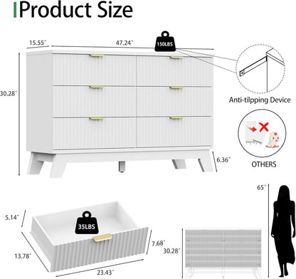 Fluted Dresser for Bedroom with 6 Drawers, 48" Wide Modern Chest of Drawers with Metal Handle