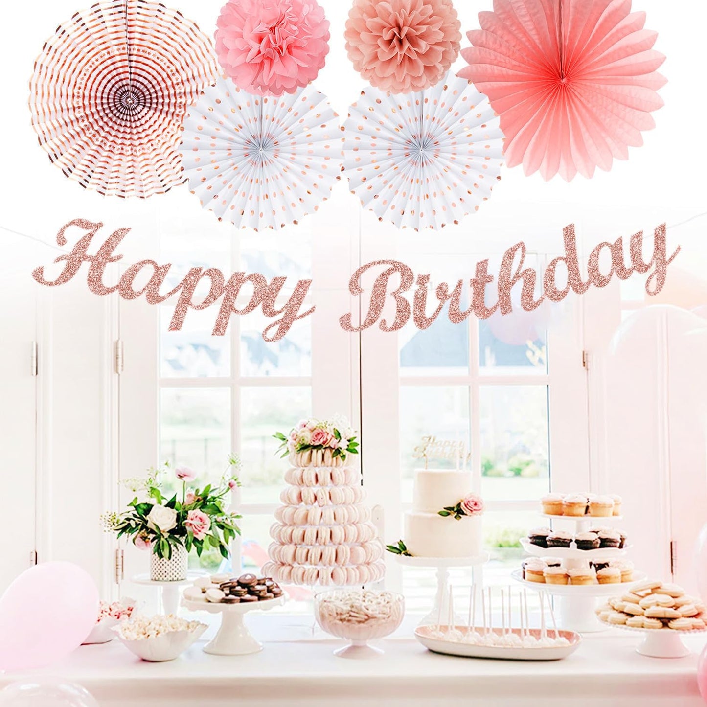 Pink White Rose-Gold Birthday Party-Decorations - 21pcs Happy Banner, Paper Lanterns,Tissue Pom