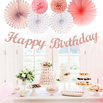 Pink White Rose-Gold Birthday Party-Decorations - 21pcs Happy Banner, Paper Lanterns,Tissue Pom
