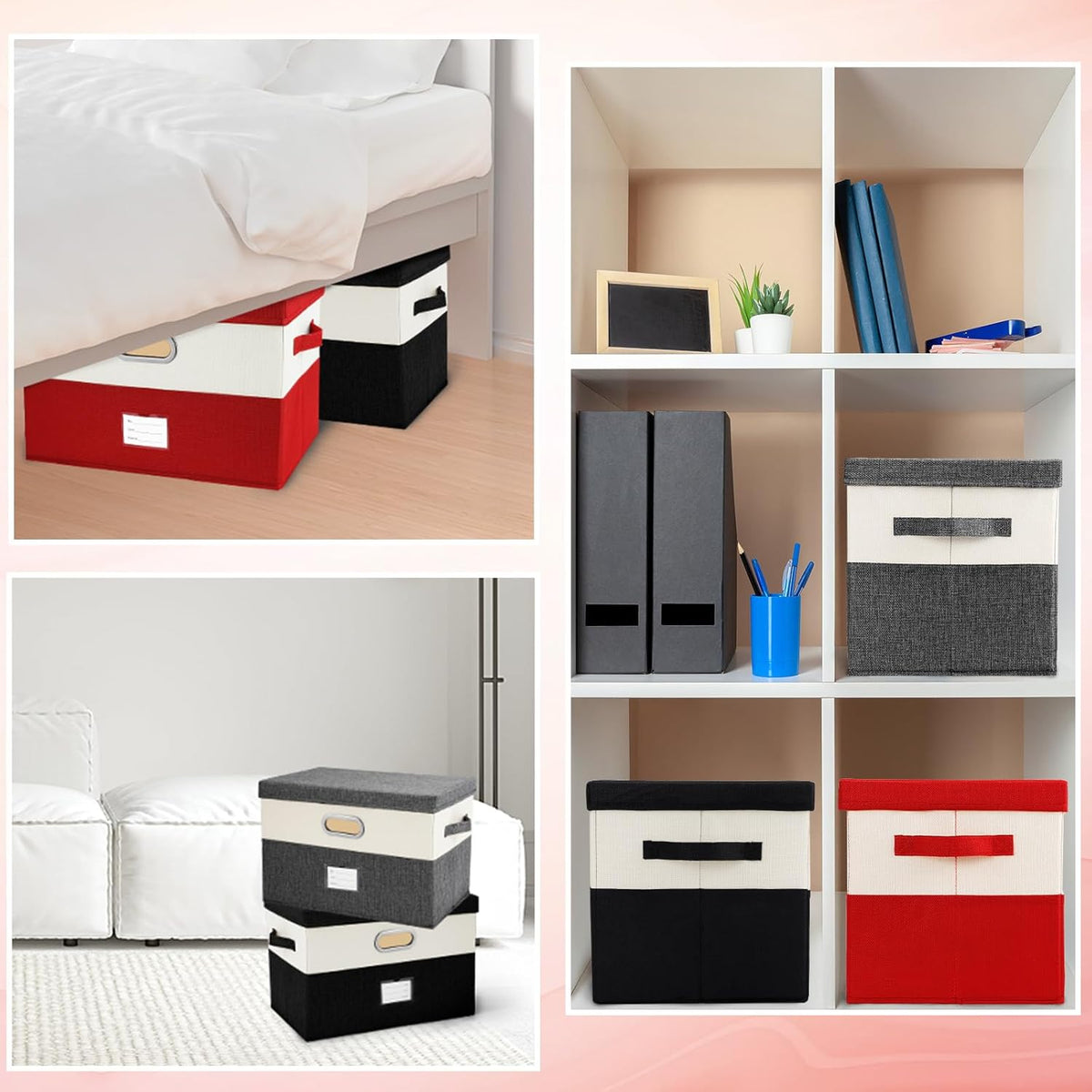 Large Linen Fabric Foldable Storage Bins with Removable Lid and Handles, Washable Storage Box