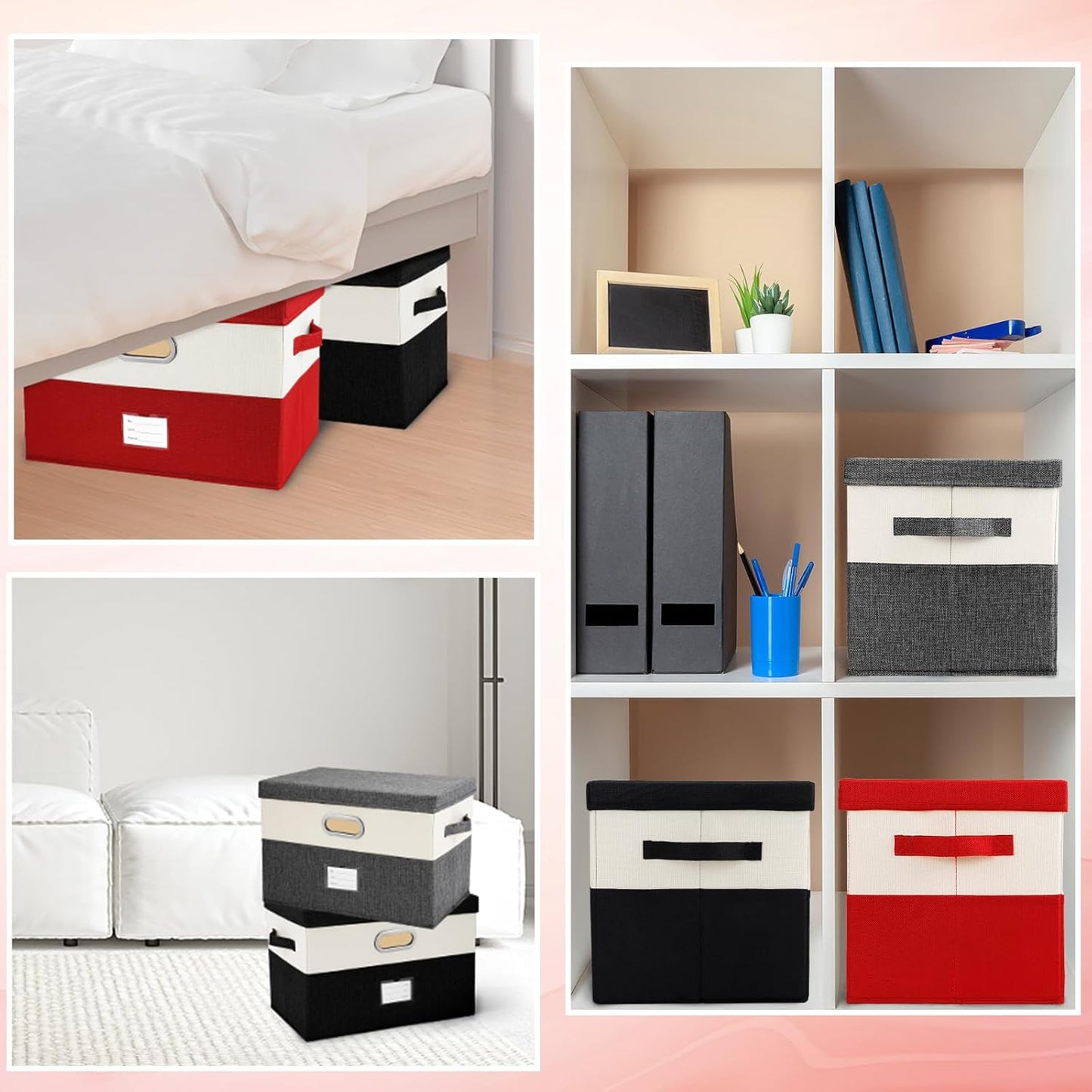 Large Linen Fabric Foldable Storage Bins with Removable Lid and Handles, Washable Storage Box