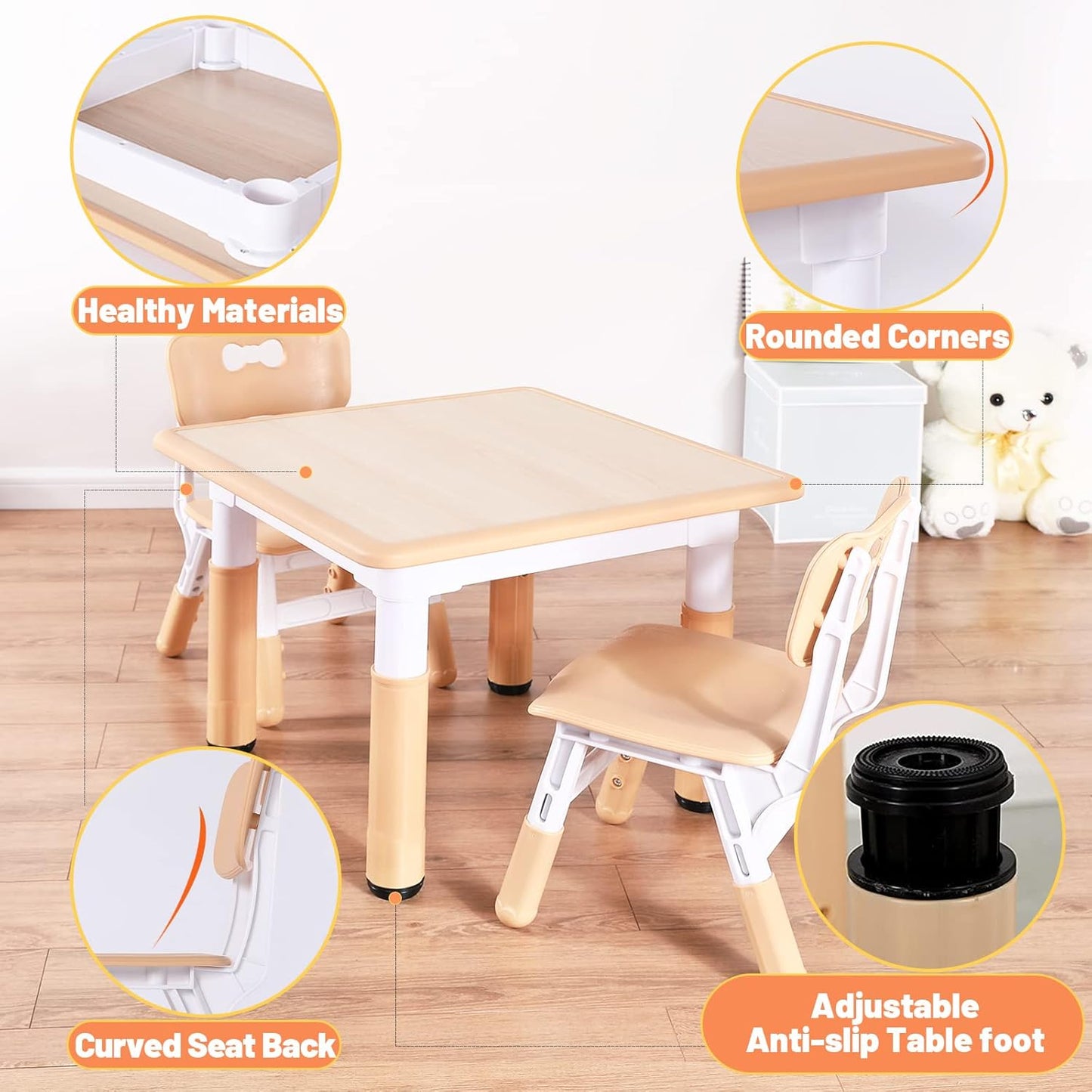 FUNLIO Kids Table and 4 Chairs Set, Height Adjustable Toddler Table and Chair Set for Ages 3-8