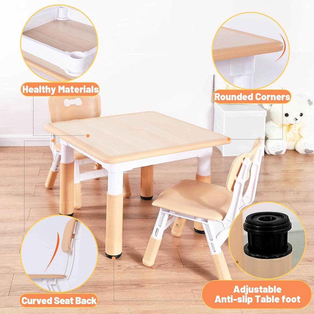 FUNLIO Kids Table and 4 Chairs Set, Height Adjustable Toddler Table and Chair Set for Ages 3-8