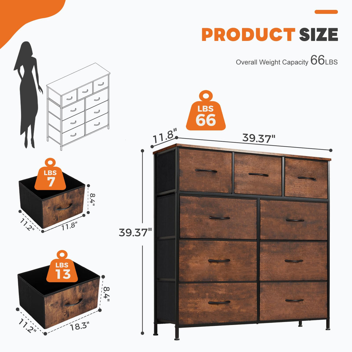 Sweetcrispy 9 Drawer Fabric Dresser Storage Tower Drawer Organizer, Brown