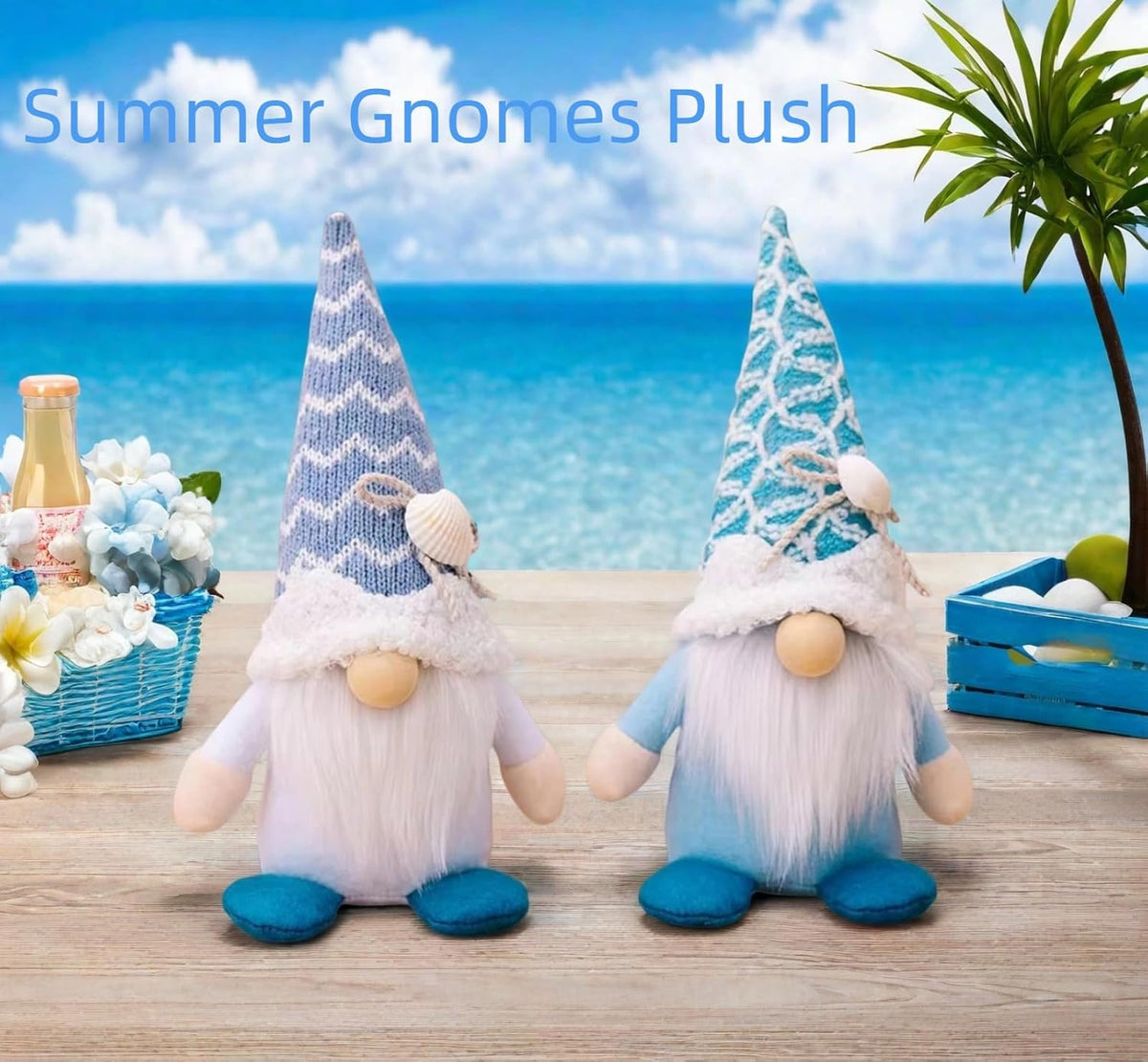 Summer Gnomes Decorations, Beach Gnome Plush Decor for Home Ocean Day Gnomes Tiered Tray Decor