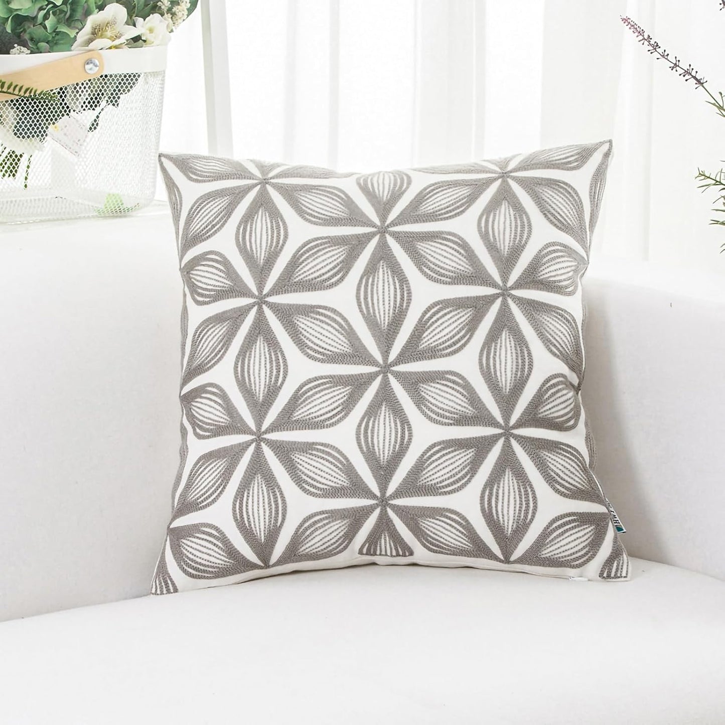 HWY 50 Grey Gray Decorative Throw Pillow Covers 18x18 Inch (1 Piece), Embroidered Cotton Farmhouse