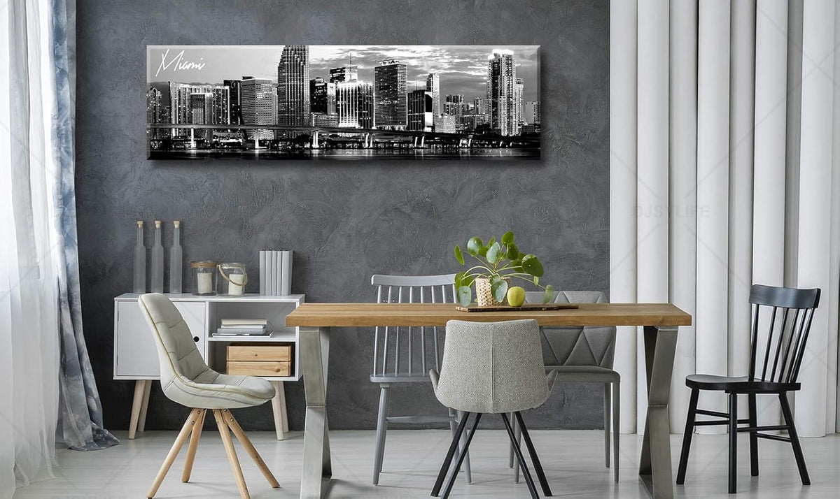 DJSYLIFE Miami Skyline Wall Art Decor Panoramic Cityscape Picture Modern USA City Night View Canvas