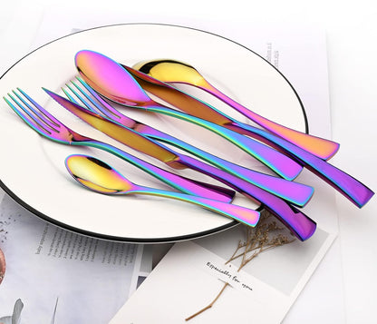 24-Piece Rainbow Flatware, Mirror 18/10 Stainless Steel Modern & Luxury Dinnerware Set With