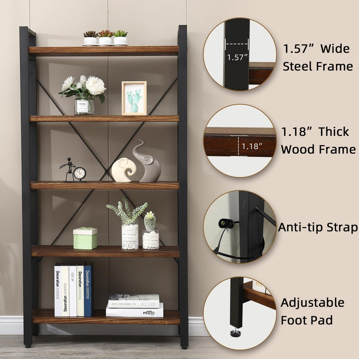 5 Tier Bookcase, Solid Wood Bookshelf Rustic Vintage Industrial Etagere Bookcase, Metal and Wood