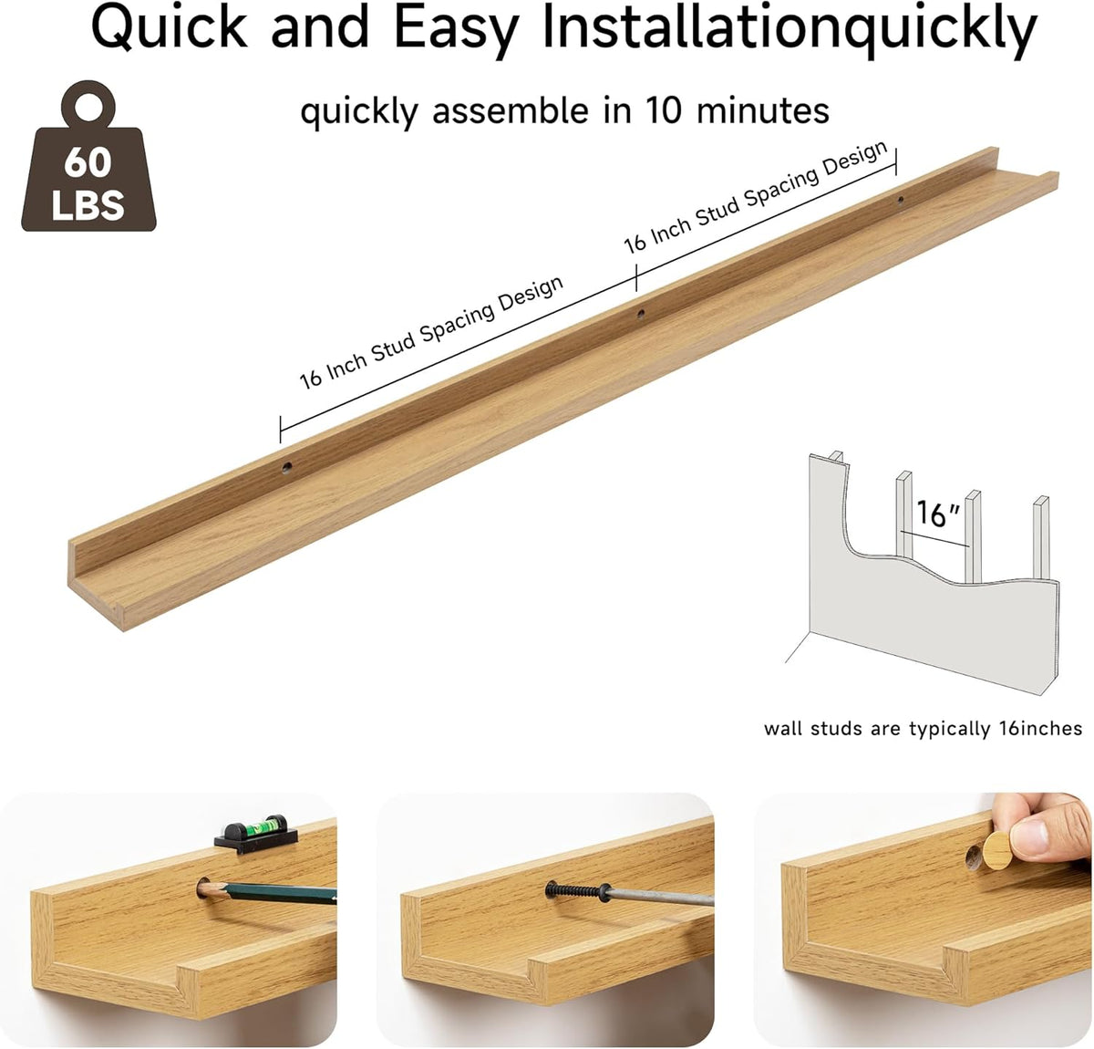 Fun Memories Picture Ledge Shelf, 48 Inch Floating Shelves Set of 2, Large Nursery Book Shelves for