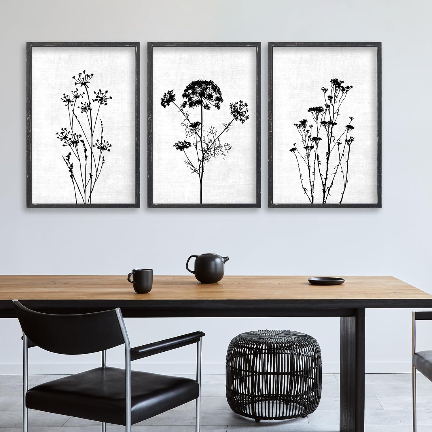 Flower Plant Wall Art Decor 24"x16" Set of 3 Black And White Botanical Painting Wood Framed For