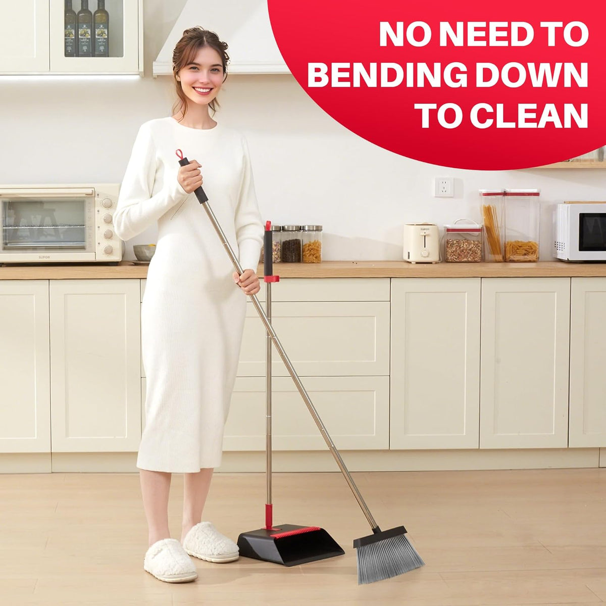 JOYMOOP Black and Red Broom and Dustpan Set, Upright Angle Design with Built-in Comb Teeth for