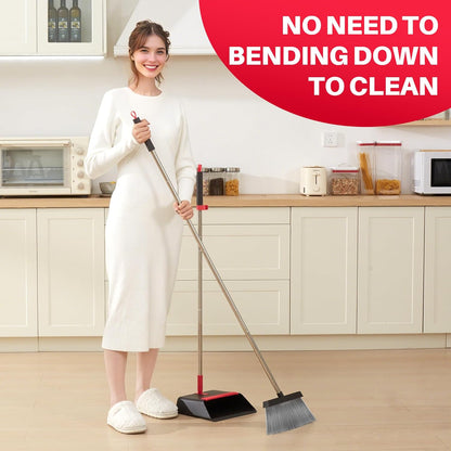 JOYMOOP Black and Red Broom and Dustpan Set, Upright Angle Design with Built-in Comb Teeth for