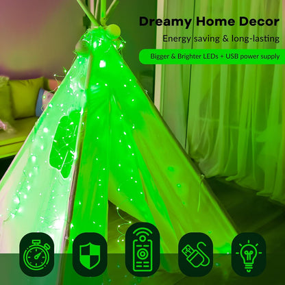 HXWEIYE 300LED Green Fairy Curtain Hanging Lights with Remote 8 Modes Timer for Bedroom, 9.8x9.8Ft