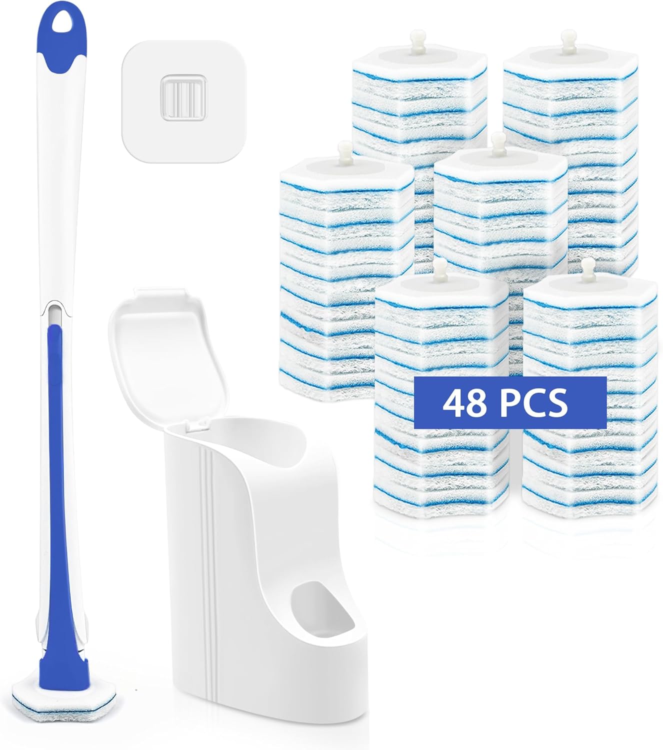 JEHONN Disposable Toilet Brush with 48 Wand Cleaner Refills, Wall Mounted Toilet Bowl Brush Holder