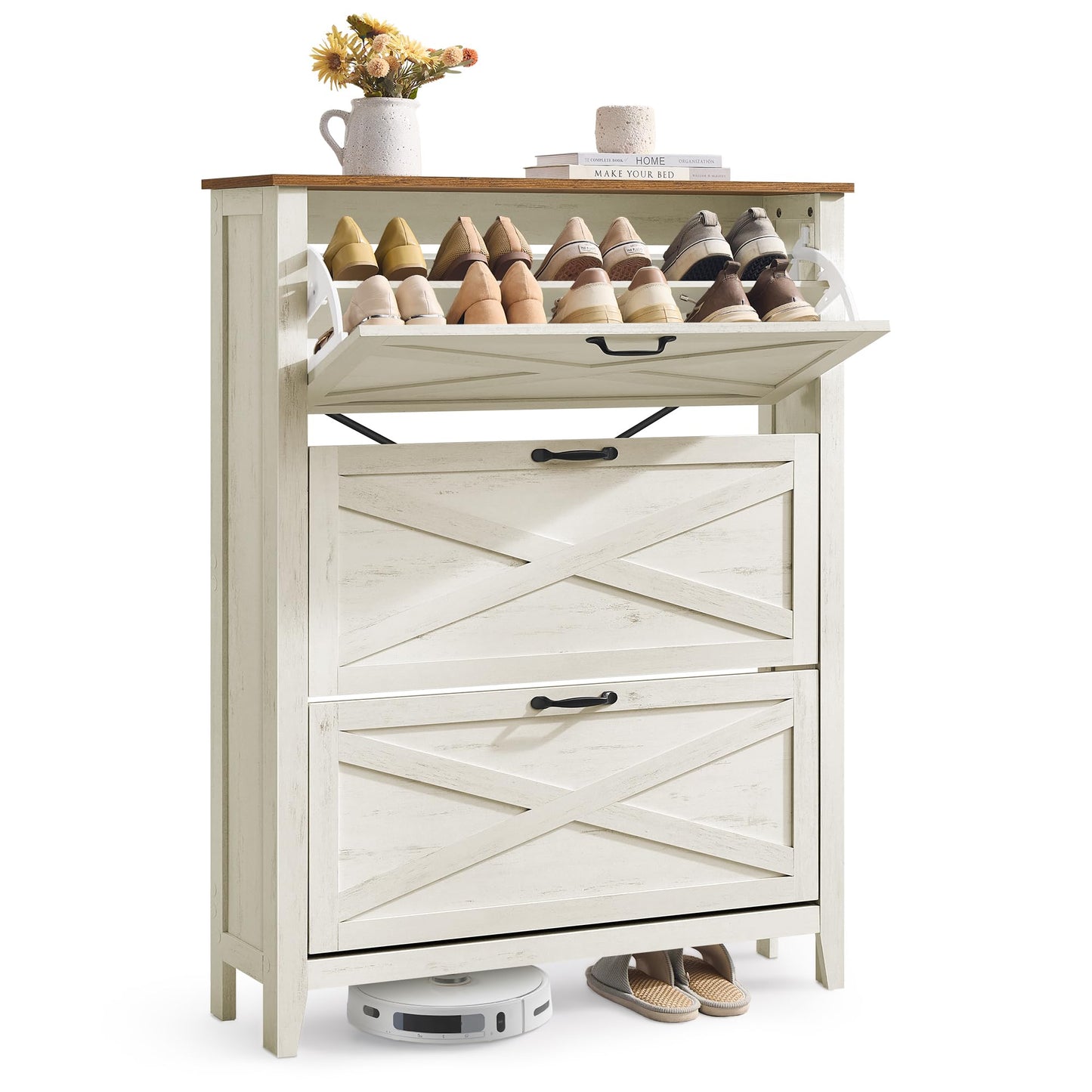 VASAGLE Farmhouse Shoe Cabinet, Narrow Storage Organizer, 3 Flip Drawers