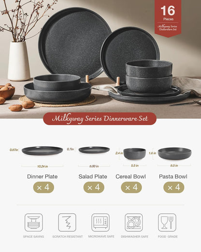 Famiware Milkyway Stoneware Dinnerware Sets with Pasta Bowls, Service for 4 (16 Pieces), Reactive