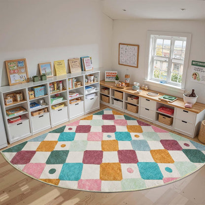jinchan Kids Rug for Classroom 8ft Radius Corner Washable Area Rug Modern Colorful Quarter Circle