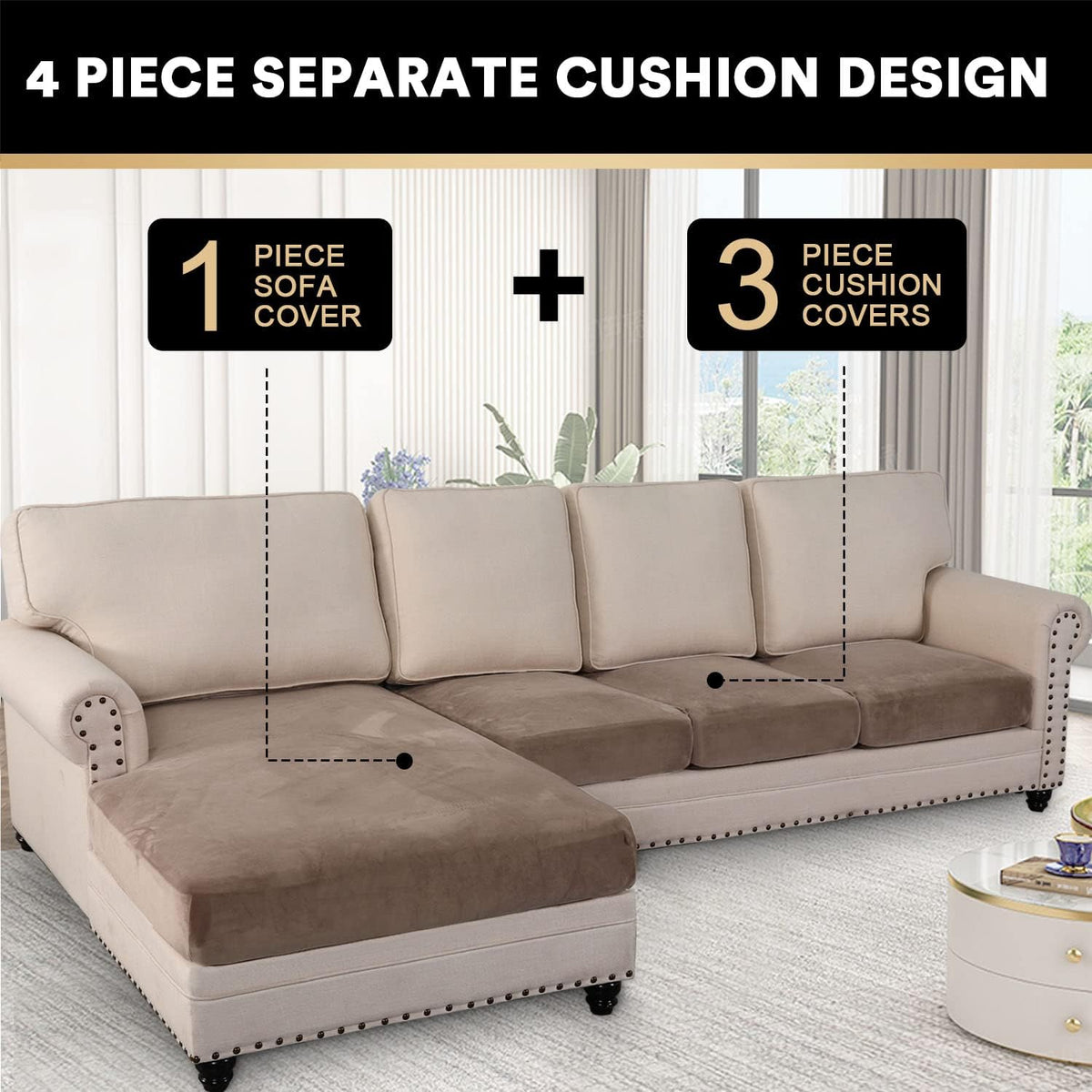 PrinceDeco Sectional Couch Covers 4 Pieces Couch Covers for Sofa Velvet Separate Couch Cover L