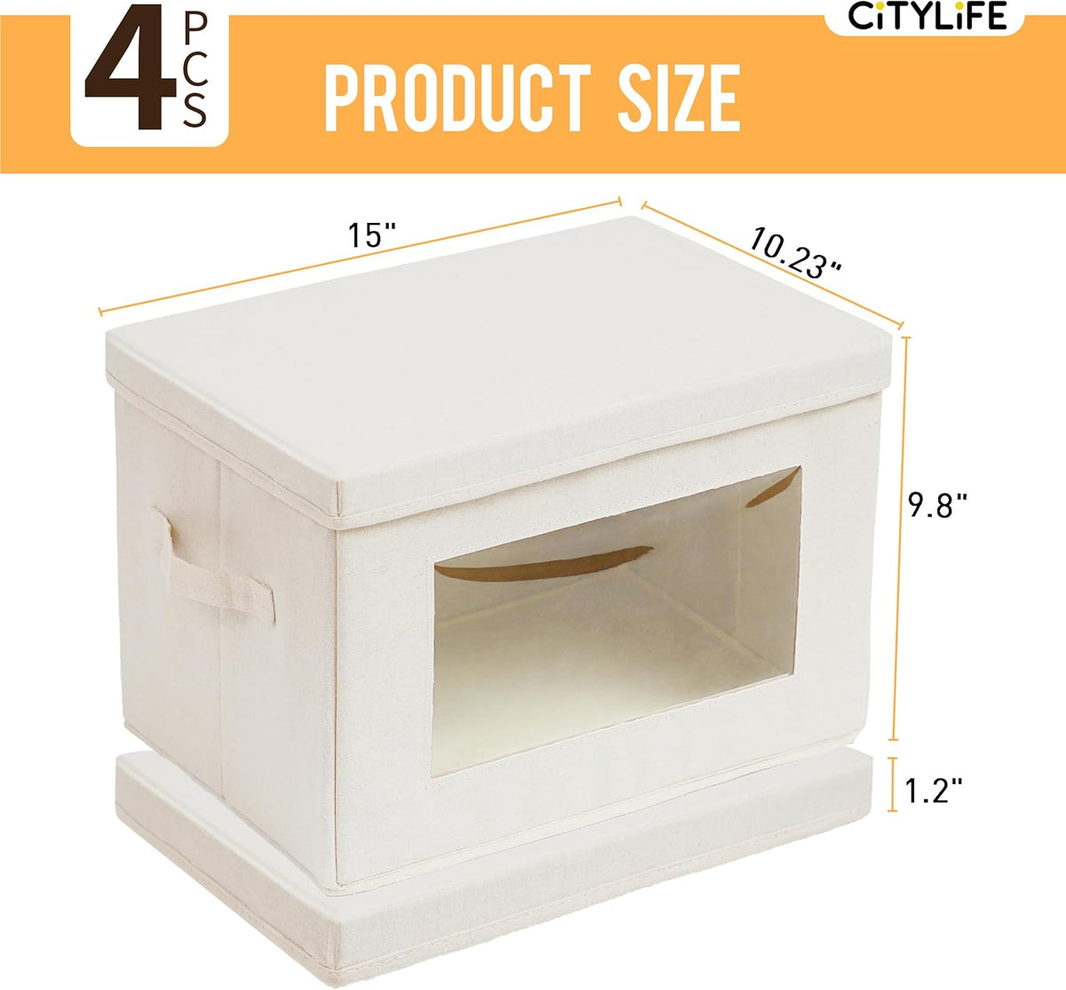 Citylife 4-Pack Storage Bins with Lids, Fabric Foldable Storage Bins with Soft Cord Handles, Cube