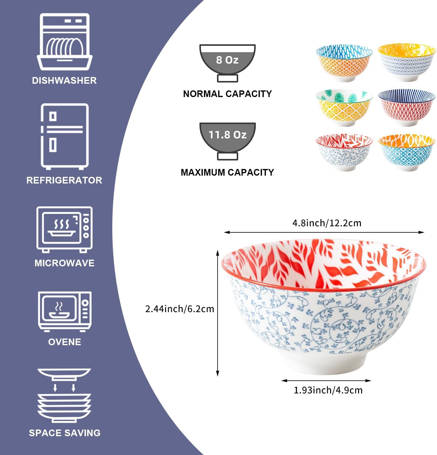 Ceramic Dessert Bowls Set - 12 Oz Small Cereal Bowls 4.75 Inch Ice Cream Bowl for Fruit, Snack