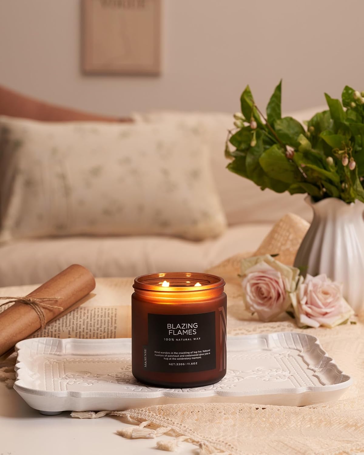 M&SENSE Blazing Flame Scented Candles with Log Fire - Cade & Patchoulli Scent, 70 Hours 11.6oz