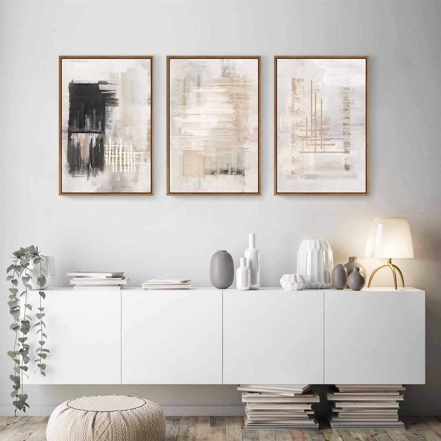 HPINUB Modern Abstract Canvas Wall Art, Set of 3 Framed Art Prints, Black and White Large Wall