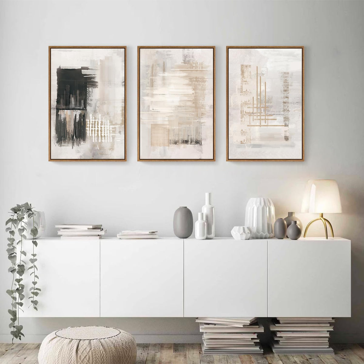 HPINUB Modern Abstract Canvas Wall Art, Set of 3 Framed Art Prints, Black and White Large Wall