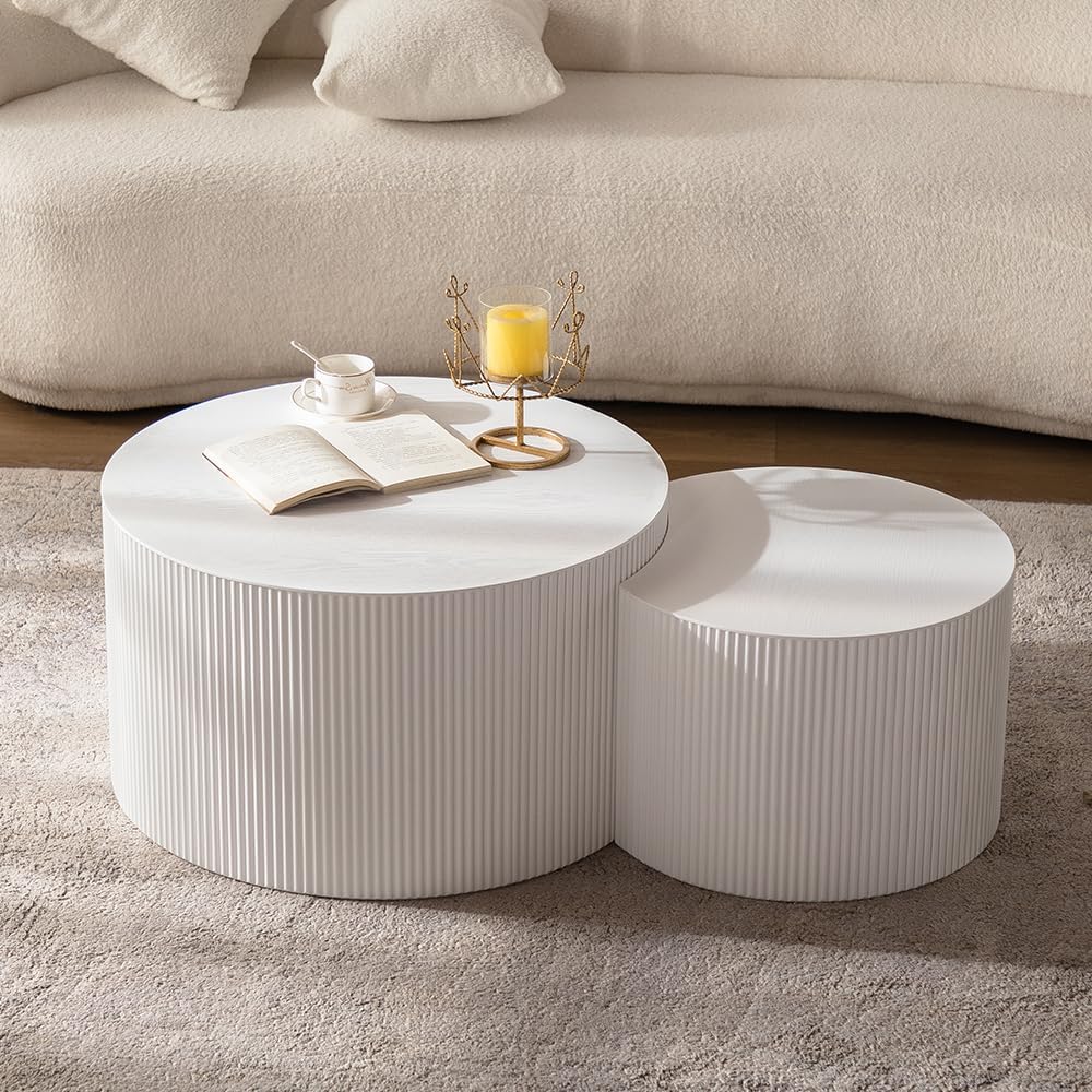 Round Nesting Coffee Table White Round Fluted Coffee Table Set of 2 for Living Room Small Circle