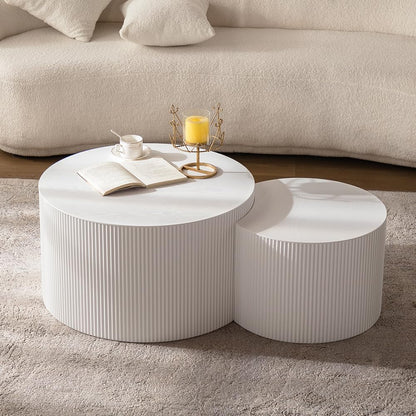 Round Nesting Coffee Table White Round Fluted Coffee Table Set of 2 for Living Room Small Circle