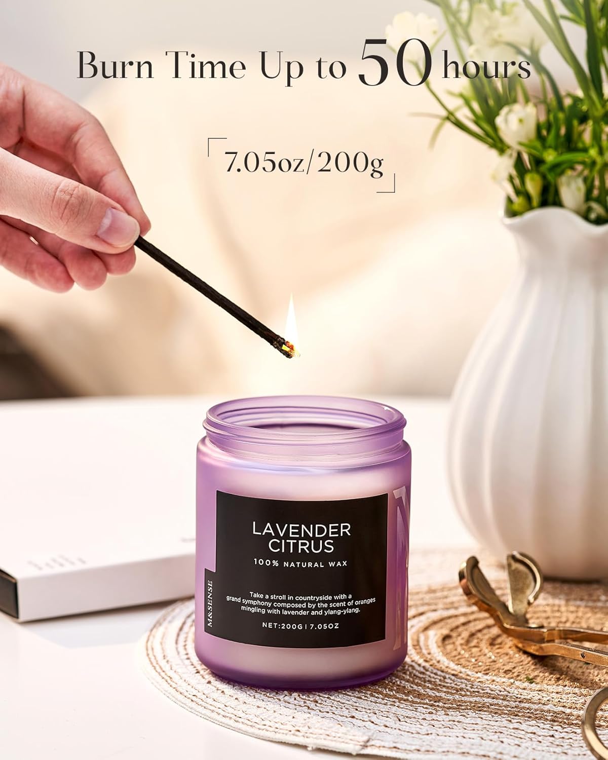 M&SENSE Lavender Citrus Scented Candle, Natural Soy Wax for Home Scented, Stress Relief 7.05oz 50H