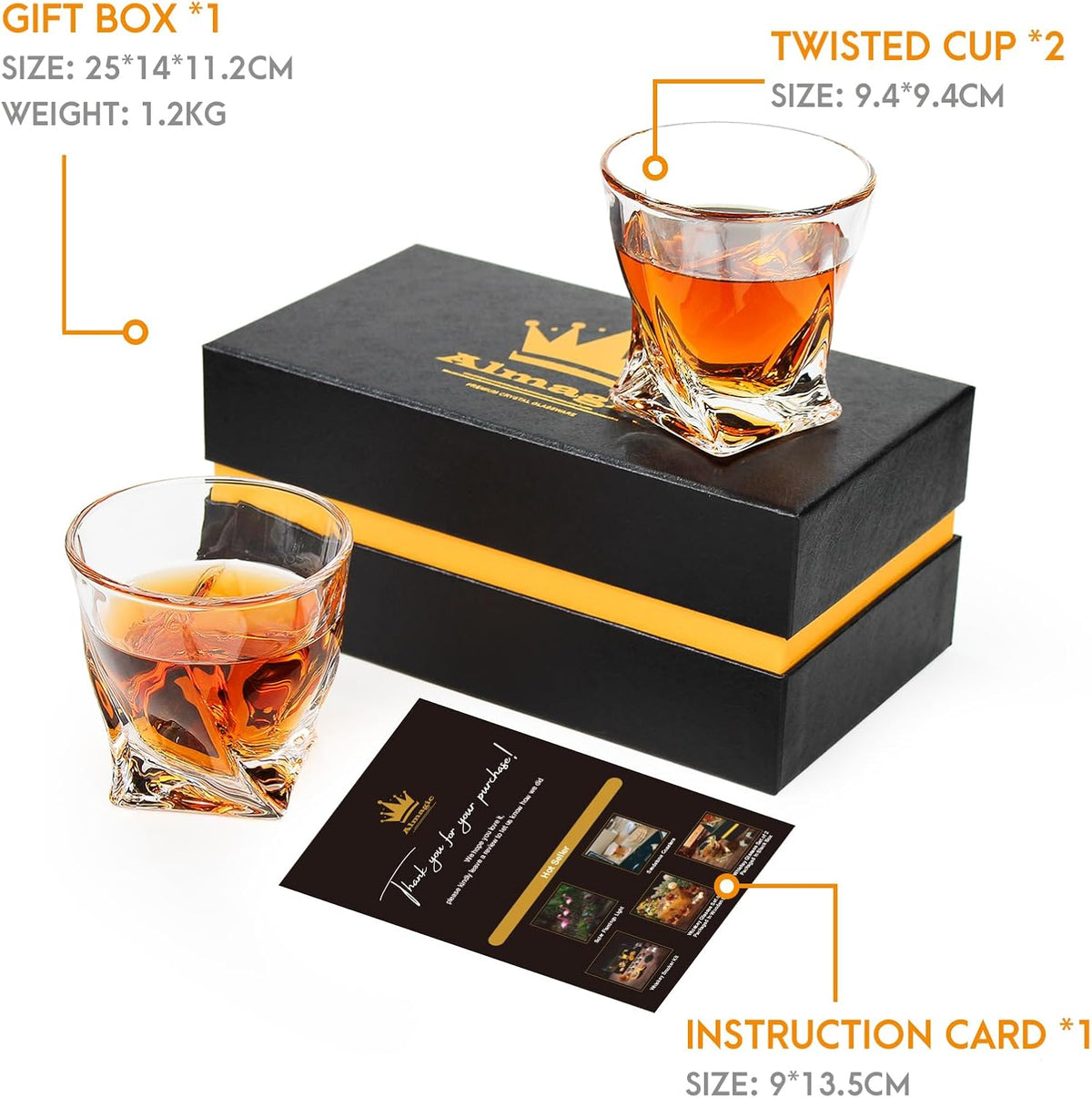 Crystal Whiskey Glasses Set of 2 (11 Oz), Old Fashioned Glass Packaged in Sturdy Gift Box, Unique