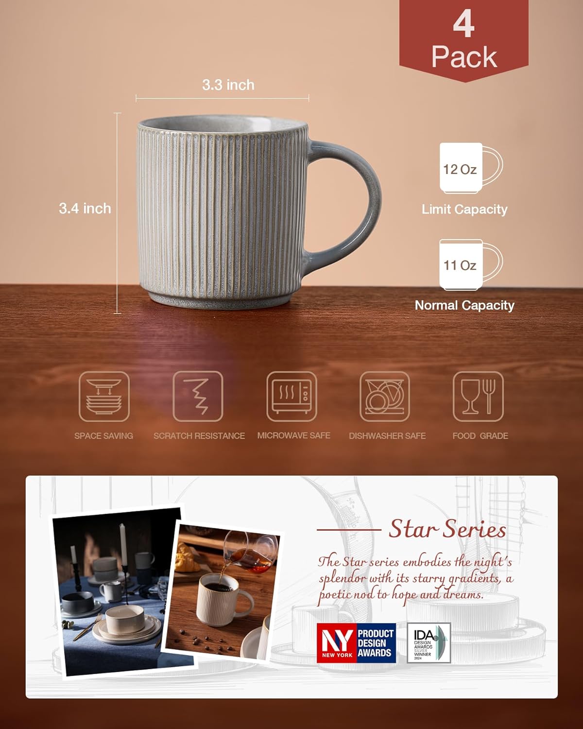 famiware Coffee Mug Set for 4, Star 12 oz Catering Mugs Cup Set with Handle for Coffee, Tea, Cocoa