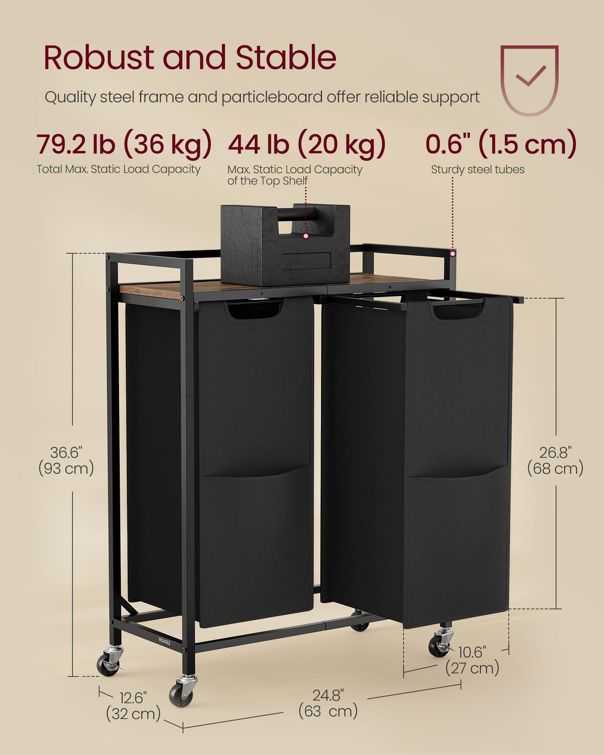 VASAGLE Laundry Sorter, 29 Gal. (110 L) Laundry Hamper Basket with 2 Compartments, Rolling Cart