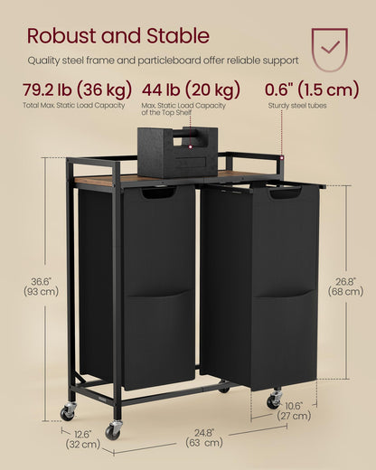 VASAGLE Laundry Sorter, 29 Gal. (110 L) Laundry Hamper Basket with 2 Compartments, Rolling Cart