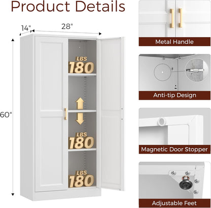 60" Tall Metal Pantry Cabinet, White Kitchen Pantry Storage Cabinet with 3 Adjustable Shelves and