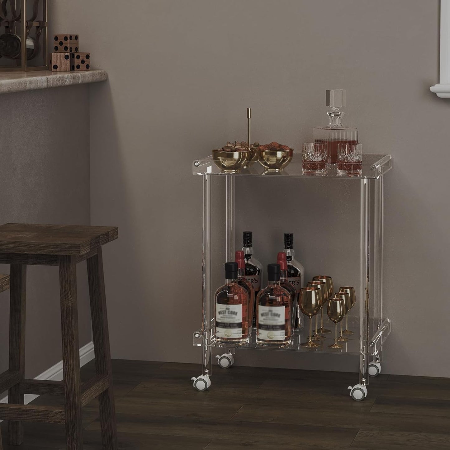 HMYHUM Acrylic Bar Cart, Rolling Serving Cart with 4 Lockable Wheels for The Home Bar, Kitchen