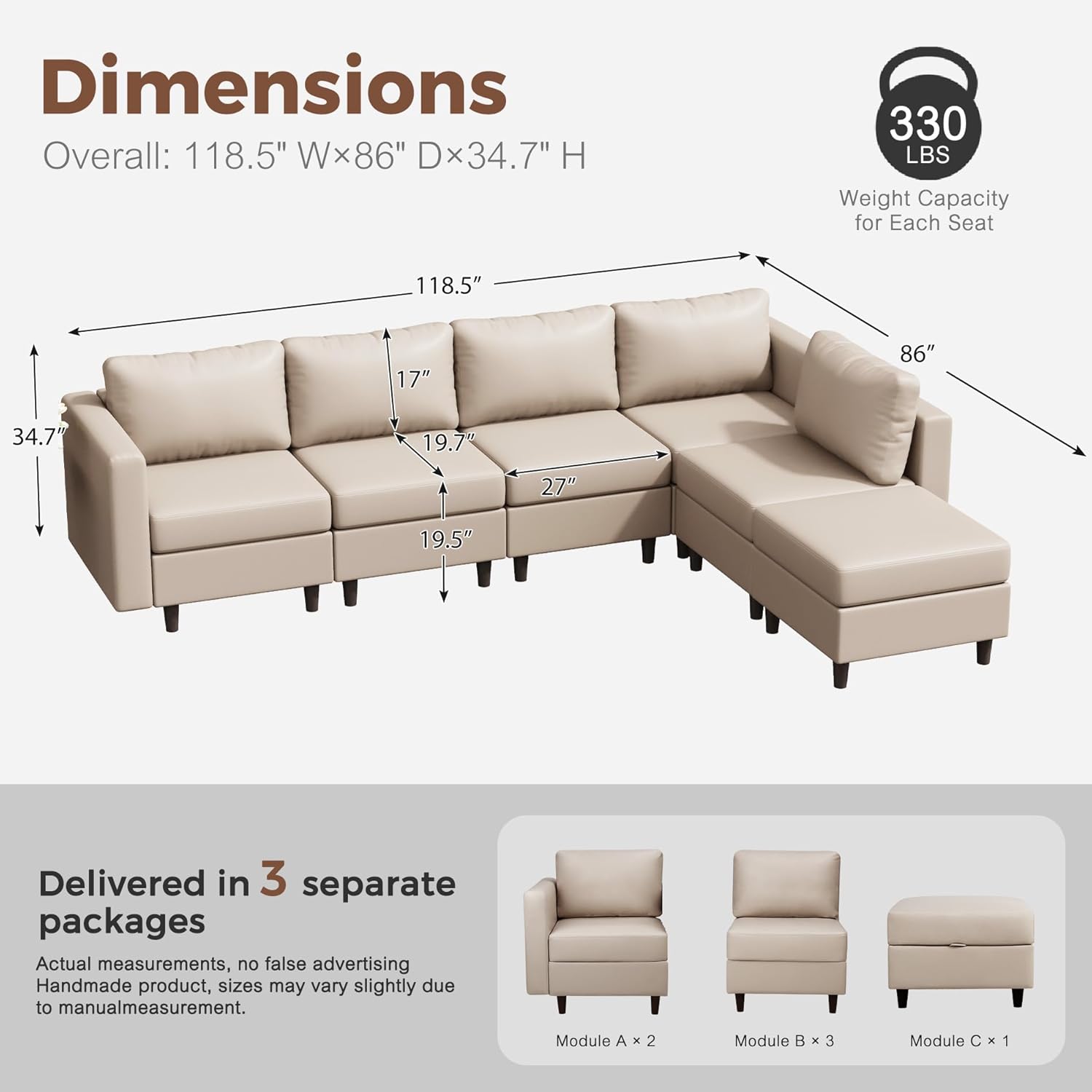 118.5" Faux Leather Modular Sectional Sofa, L Shaped Couch Set for Living Room, 6-Seater Comfy