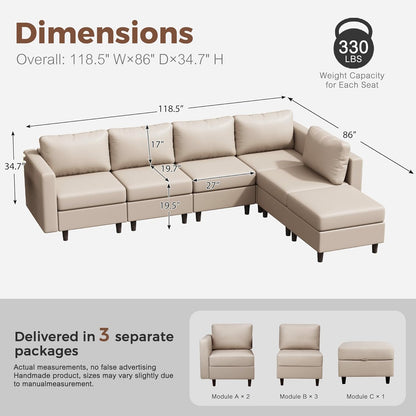 118.5" Faux Leather Modular Sectional Sofa, L Shaped Couch Set for Living Room, 6-Seater Comfy