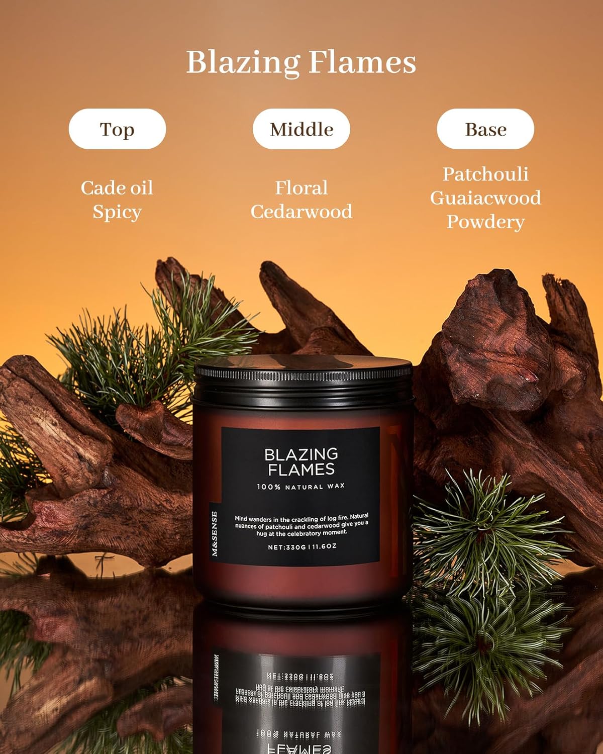 M&SENSE Blazing Flame Scented Candles with Log Fire - Cade & Patchoulli Scent, 70 Hours 11.6oz