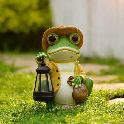 Solar Garden Outdoor Frog Statue 10 inches Tall - with Handheld Lanterns - Detachable - Patio