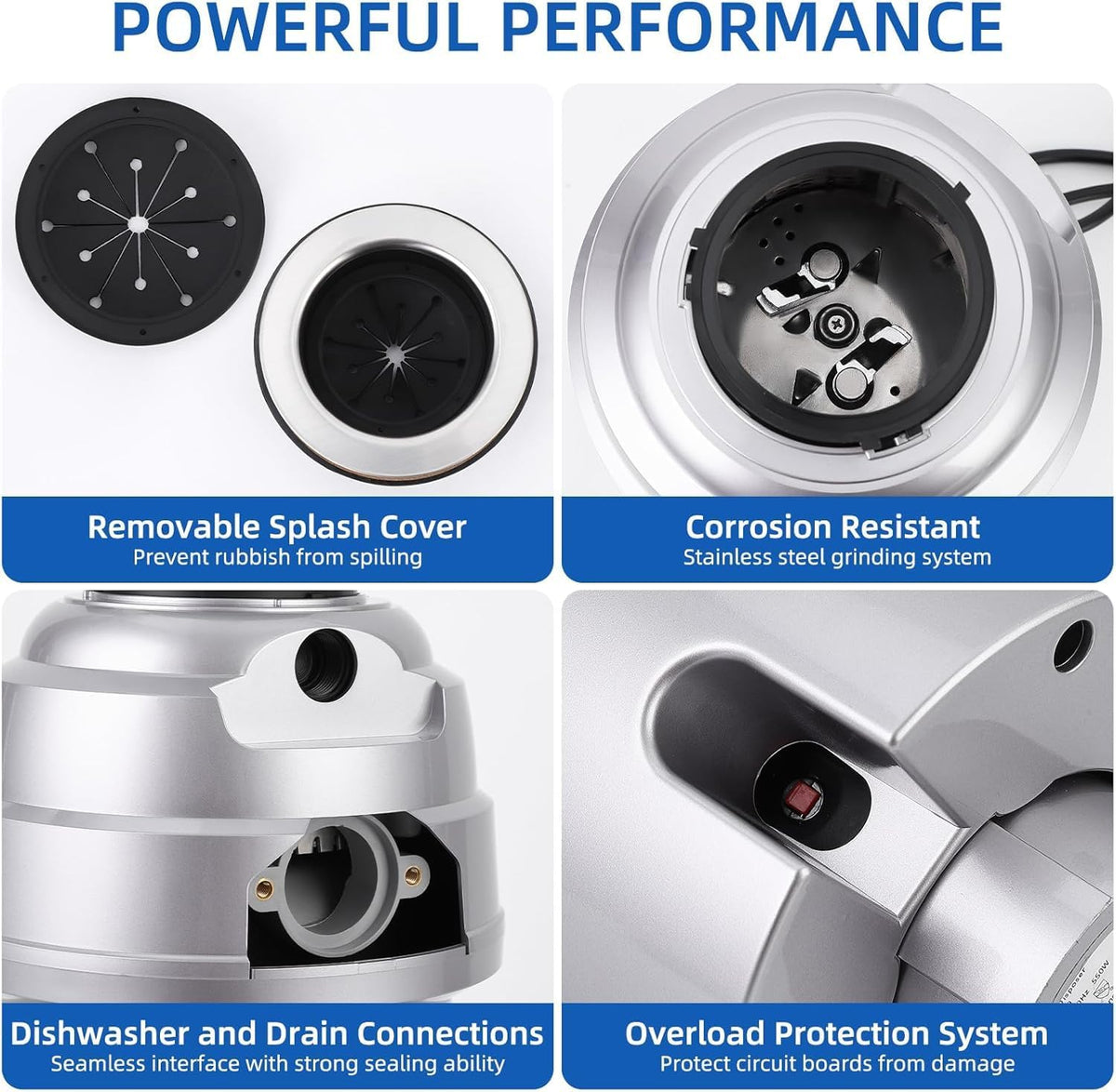 Powerful 1HP Stainless Steel Garbage Disposer, Dishwasher-Friendly and Continuous Feeding Waste