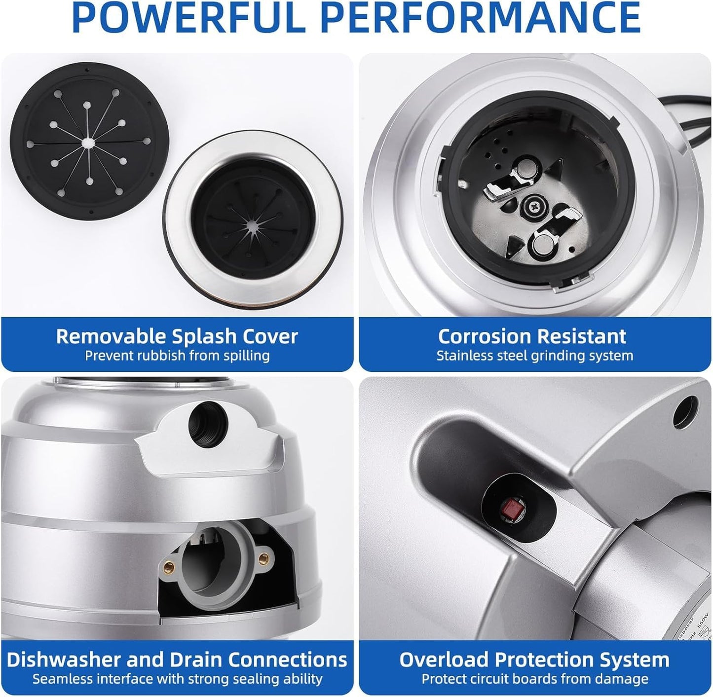 Powerful 3/4HP Stainless Steel Garbage Disposer, Dishwasher-Friendly and Continuous Feeding Waste