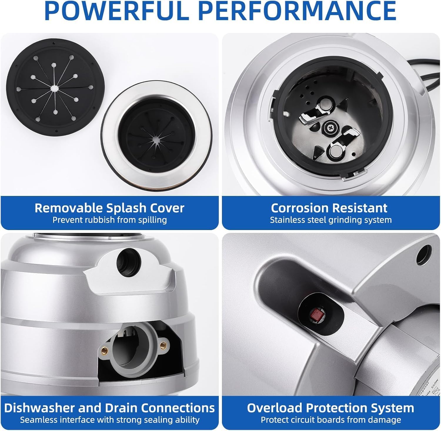 Powerful 3/4HP Stainless Steel Garbage Disposer, Dishwasher-Friendly and Continuous Feeding Waste