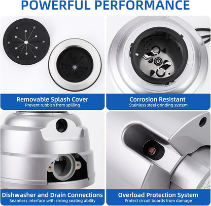Powerful 3/4HP Stainless Steel Garbage Disposer, Dishwasher-Friendly and Continuous Feeding Waste