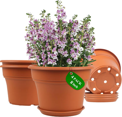 8 Inch Plastic-Flower Pot-for-Indoor Plants, 4 Pack Large Outdoor Planter Pot with Drainage Holes &